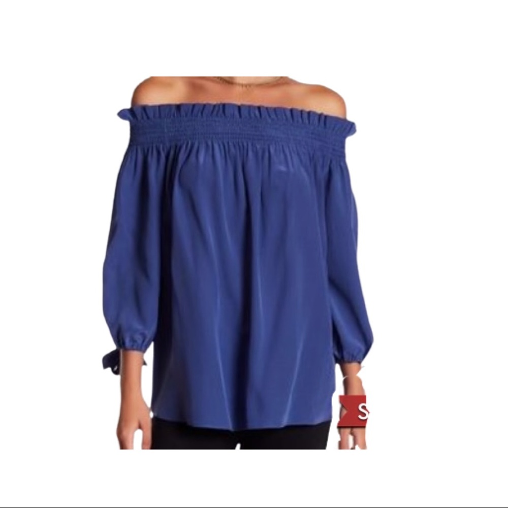 Acrobat Red Silk Off Shoulder Tie Cuff Blouse